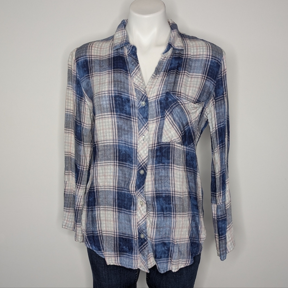 Cloth & Stone Blue White Pink  Muslin Gauze Double Layered Button Up S